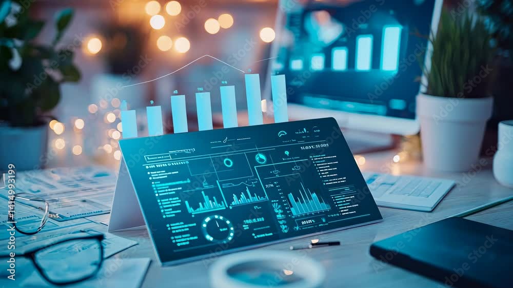 Data analytics dashboard on a digital tablet displays glowing charts and business insights. Technology, finance, and artificial intelligence themes are present