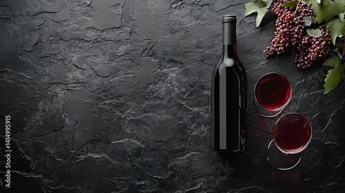 Dark slate background displays a bottle of red wine and two glasses.