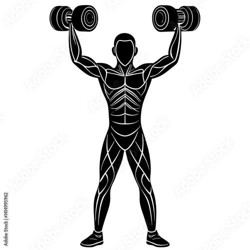 Line art vector silhouette of a person lifting a dumbbell, with one arm extended overhead