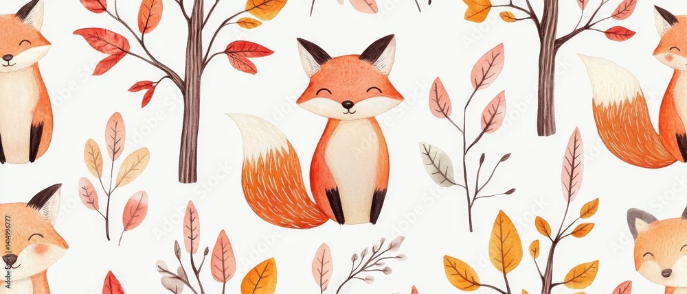 A watercolor painting of a forest with a fox sitting in the middle