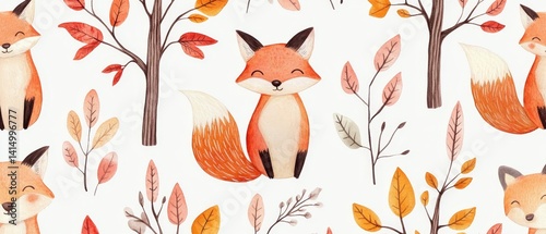 Obraz na płótnie A watercolor painting of a forest with a fox sitting in the middle w salonie