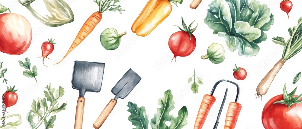 A watercolor painting of various vegetables and gardening tools