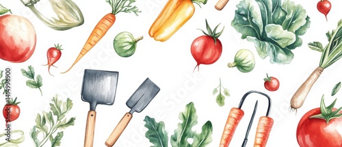 Obraz na płótnie A watercolor painting of various vegetables and gardening tools w salonie