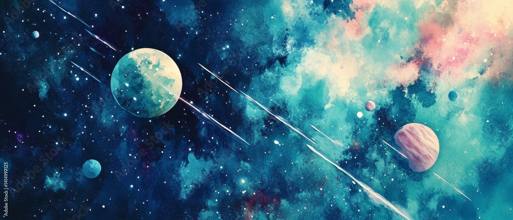 A painting of a space scene with two planets and a comet