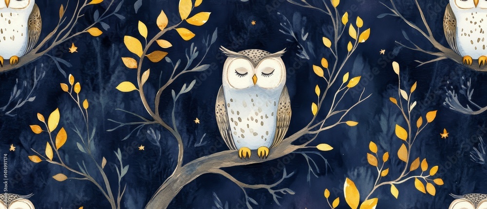 A blue and yellow owl is perched on a branch