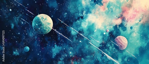 Obraz na płótnie A painting of a space scene with two planets and a comet w salonie