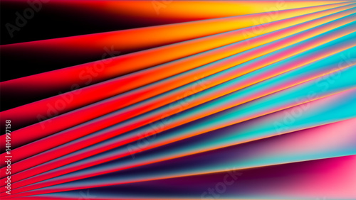 Vibrant diagonal lines in warm neon red orange turquoise colors creating dynamic abstract pattern full of energy and light. Sharp sleek layered waves create glowing edged geometric background. Vector