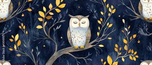 A blue and yellow owl is perched on a branch