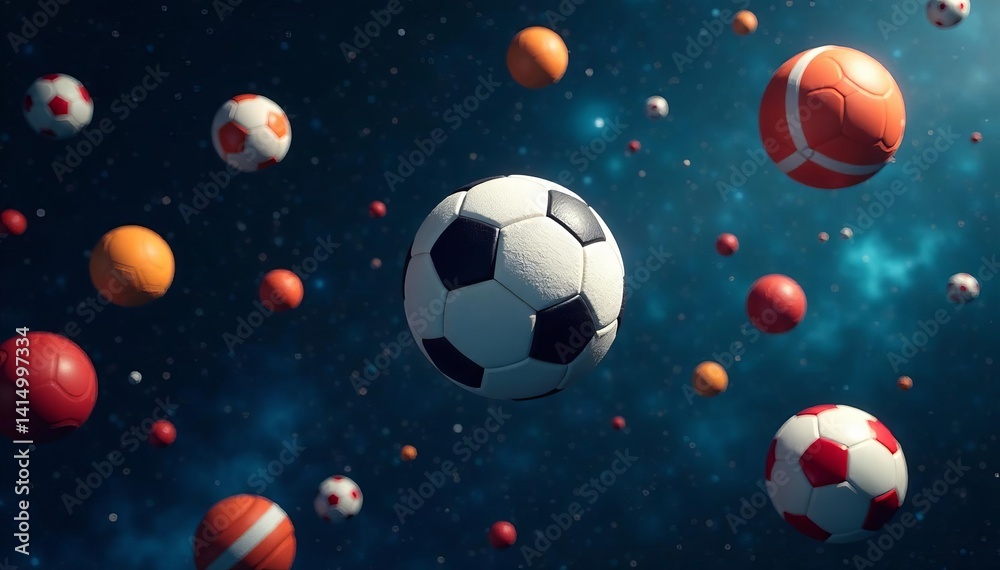 Fototapeta premium Collection of various types of sports balls hovering in space, sports equipment, universe
