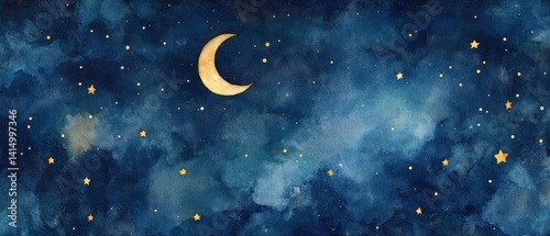 Obraz na płótnie A painting of a night sky with a large gold moon and many stars w salonie
