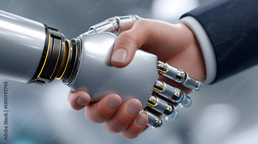 Close up of Handshake between Human and Robot Hands Depicting Integration of Technology