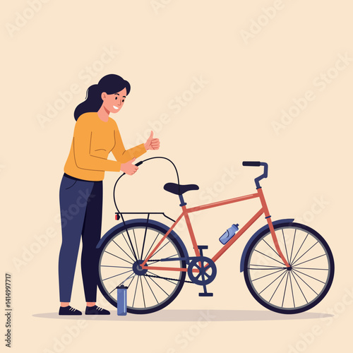 Woman in casual clothing cleaning a red bicycle with a cloth in flat minimal vector illustration