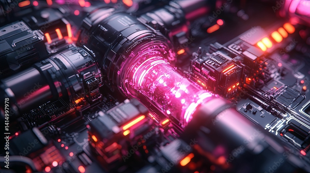 Futuristic, glowing circuitry with intricate, metallic components. Futuristic, glowing circuitry with intricate, metallic components.