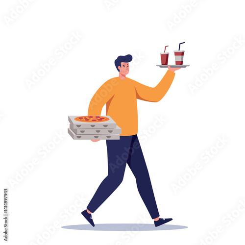 Young man carrying two pizza boxes and two soft drinks in flat minimal style vector illustration