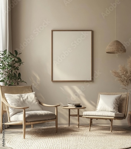 Wallpaper Mural Frame mockup in interior background, beige room with modern furniture, 3d render Torontodigital.ca