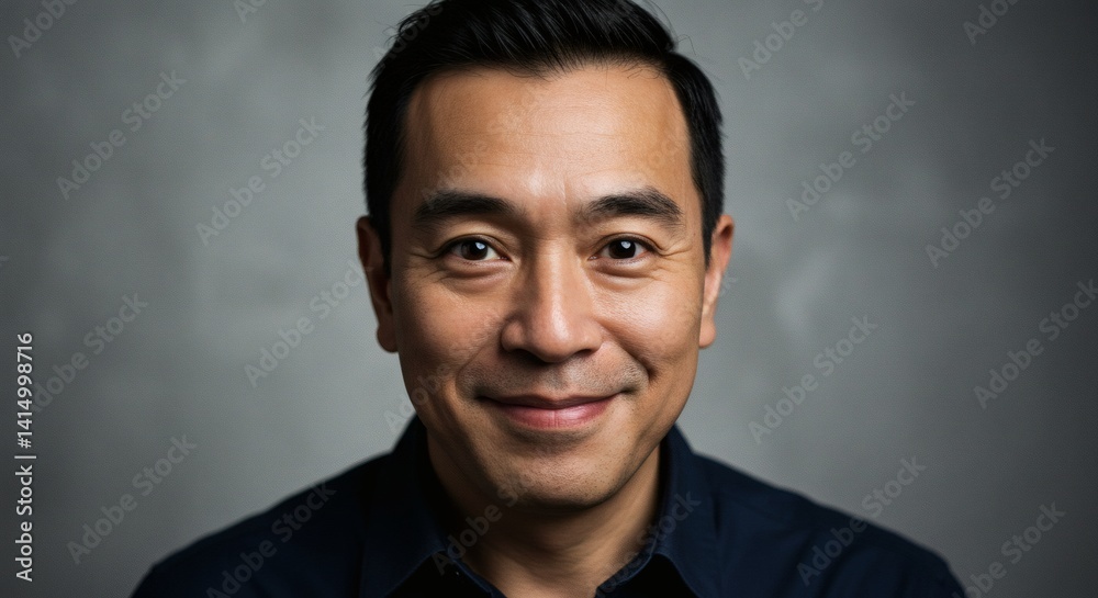 A handsome asian man's portrait, smiling softly against a grey, studio backdrop. A handsome asian man's portrait, smiling softly against a grey, studio backdrop.