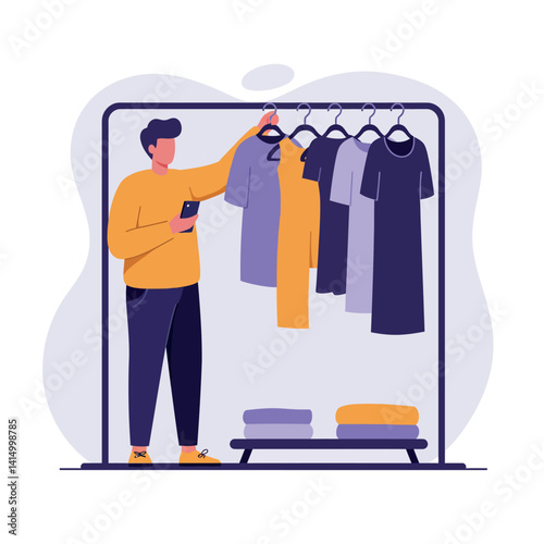 Man browsing colorful casual clothes on rack in minimal flat style vector illustration