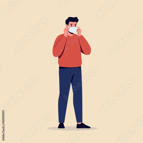Young man wearing red sweater and blue pants adjusting white face mask minimal flat vector illustration