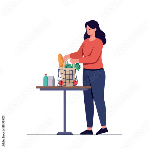 Woman unpacking groceries in casual clothes with reusable bag on table flat style vector illustration