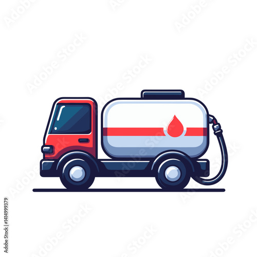 Fuel truck with red and white tank in minimalist style. Perfect for petroleum transportation, logistics services, and industrial vehicle illustrations.