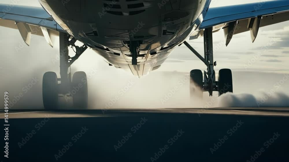 Commercial airplane on runway preparing for takeoff. Front view of aircraft moving forward with landing gear visible, creating dust cloud beneath as it accelerates on tarmac.