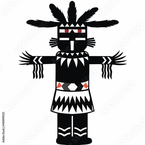 Native American tribal doll icon in black and red silhouette