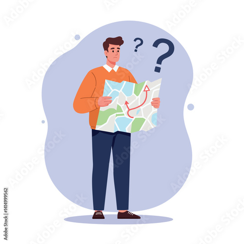Young man with orange sweater holding city map looking confused with question marks flat style vector illustration