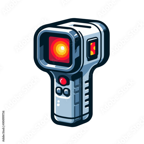 Thermal imaging camera with red display screen and control buttons. Ideal for firefighting equipment, security surveillance, and building inspection technology concepts.