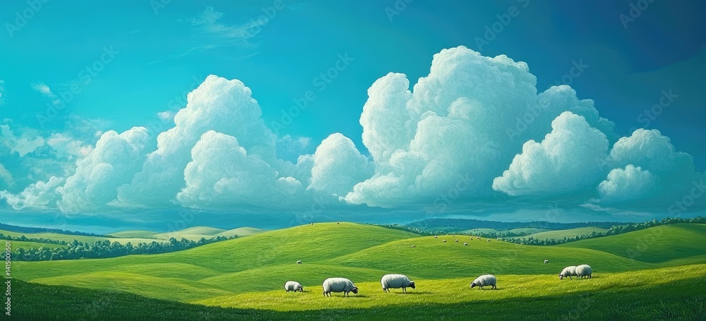 Obraz premium Hills, green grasslands with white clouds in the sky and sheep grazing on them