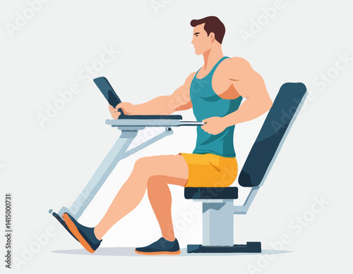 Travailler sur la machine de presse de jambe de l’homme. Coloré schéma isométrique d’équipement de conditionnement physique en action. Illustration vectorielle plane. Isolé sur fond blanc.