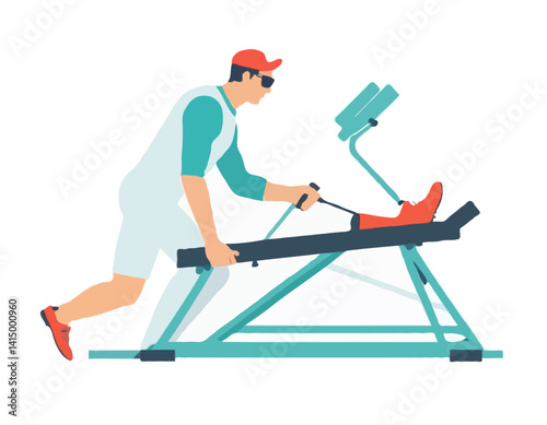 Travailler sur la machine de presse de jambe de l’homme. Coloré schéma isométrique d’équipement de conditionnement physique en action. Illustration vectorielle plane. Isolé sur fond blanc.