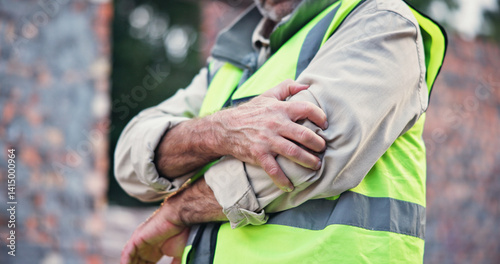 Photography Hands, person and elbow pain with construction injury, work site accident or sprain with agony outdoor