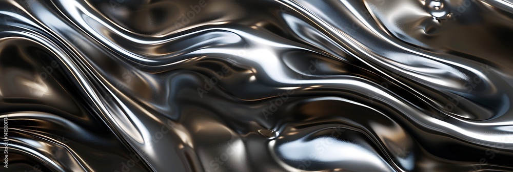 Panoramic abstract background featuring a flowing, undulating surface of reflective liquid metal, chrome, or silver with complex highlights and shadows.
Panoramic abstract background featuring a flowing, undulating surface of reflective liquid metal, chrome, or silver with complex highlights and shadows.