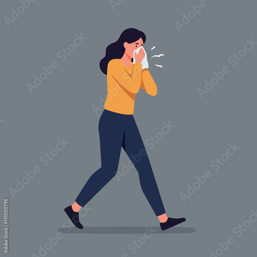 Woman with dark hair wearing yellow sweater and blue pants sneezing into tissue flat style vector illustration