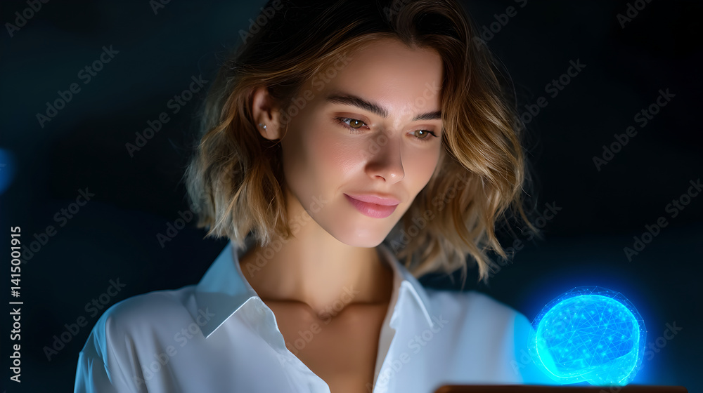 Close Up Portrait of a Woman with Short Hair Illuminated by Blue Digital Light