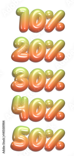 set of 3d percentage discount with transparent background, 10%, 20%, 30%, 40%, 50%, red, green, PNG images