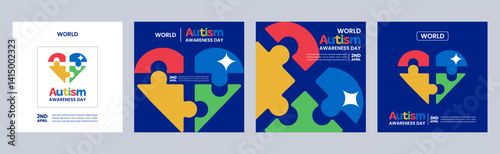 World Autism Awareness day vector illustration editable, Colorful puzzle formed into the shapes of a heart and shine sign, autism love concept for set of banner and background templates