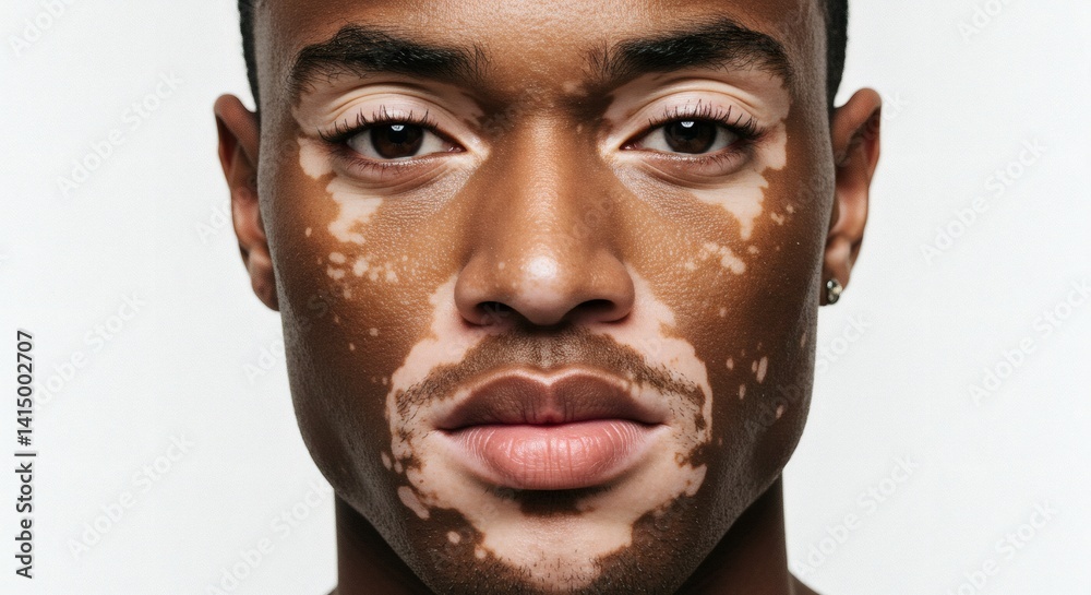 A close-up portrait captures a man with vitiligo, emphasizing skin diversity and unique beauty. A close-up portrait captures a man with vitiligo, emphasizing skin diversity and unique beauty.