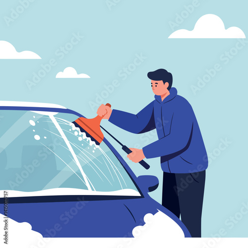 Man cleaning car windshield with squeegee in casual clothing outdoors flat style vector illustration
