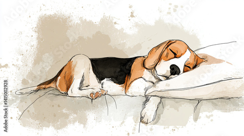 A peaceful illustration of a sleeping beagle resting its head on a pillow, surrounded by soft watercolor splashes.