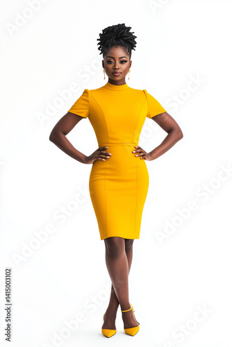 Confident Black Woman in Stylish Yellow Dress Posing on White Background
