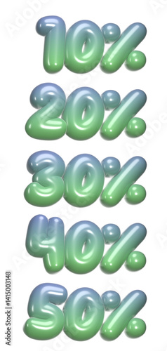 set of 3d percentage discount with transparent background, 10%, 20%, 30%, 40%, 50%, blue, green, PNG images