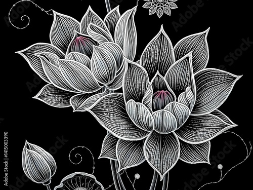Stylized illustration of lotus flowers (Nelumbo nucifera) on a black background