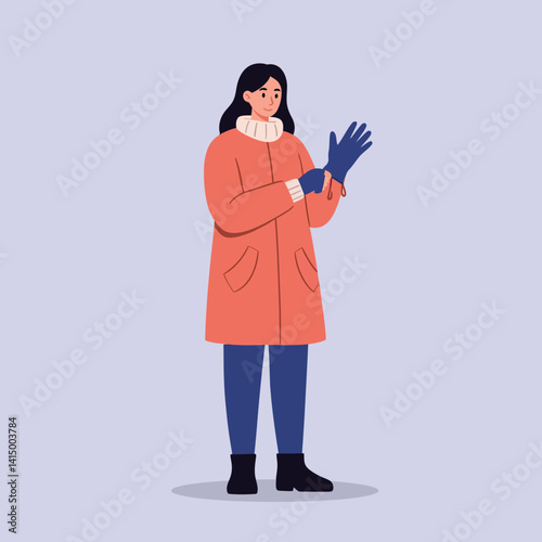 Woman dressing in winter clothes putting on blue gloves flat style vector illustration