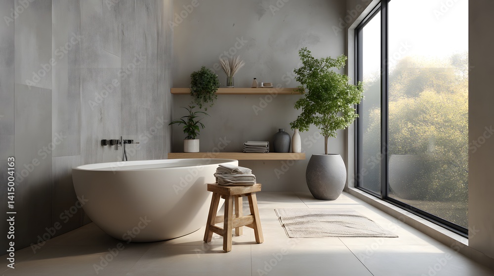 Fototapeta premium tranquil bathroom with freestanding tub, wooden stool, and large window view