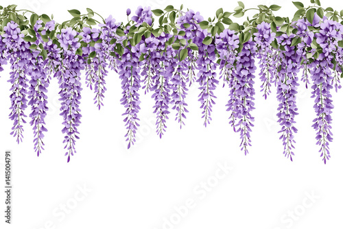 Cascading purple blossoms and green leaves create a floral border against a transparent background
