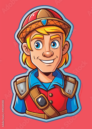 Smiling cartoony adventurer in a red and blue outfit.