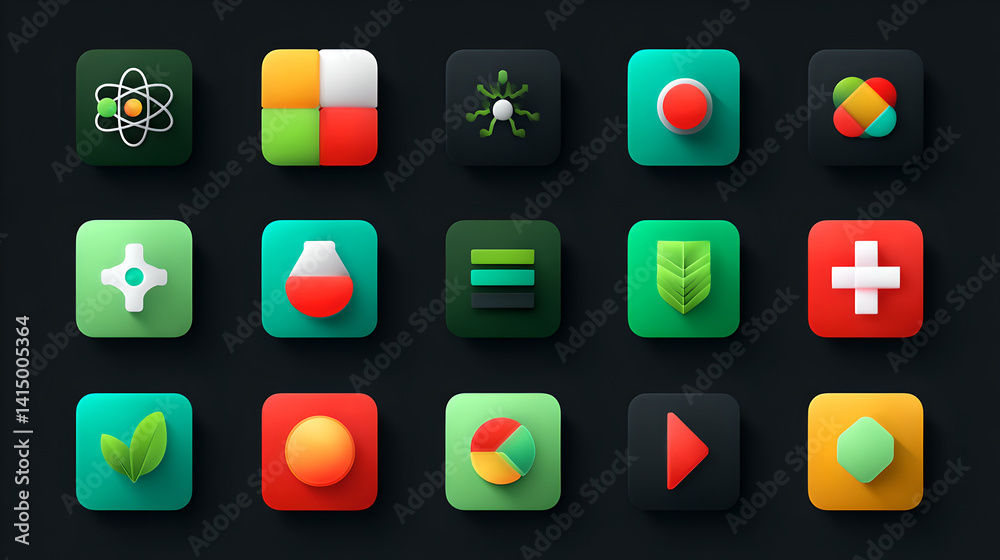 Colorful 3D Square Icons Science, Technology, and Nature Designs