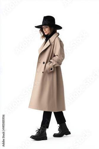 Stylish Woman in Beige Trench Coat and Black Hat on White Background