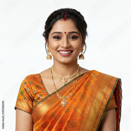 A radiant Indian woman poses in a vibrant sari, showcasing her elegant gold jewelry and a warm smile.
